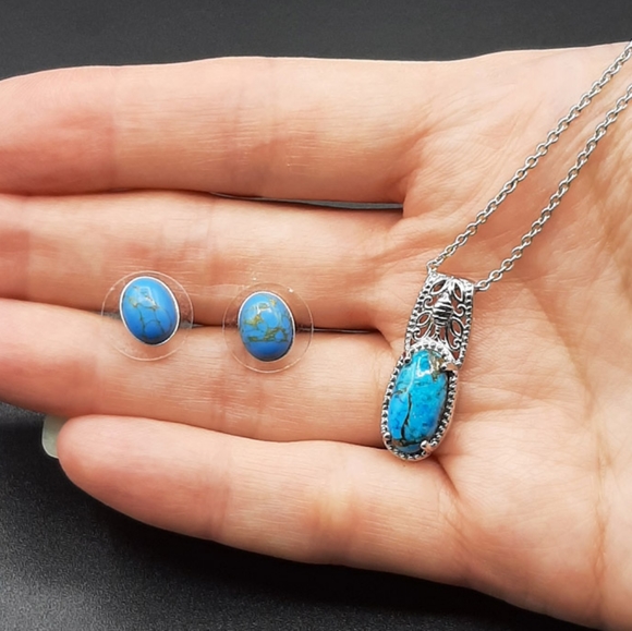 Mojave Blue Turquoise earrings and Chestnut Brine Turquoise pendant set Sterling - Picture 4 of 6